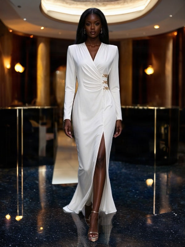 Chain Detail Wrap Maxi Dress in Ivory model front view · nz-bg-v1