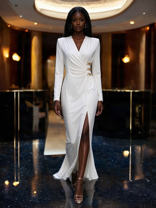 Chain Detail Wrap Maxi Dress in Ivory model front view · nz-bg-v1