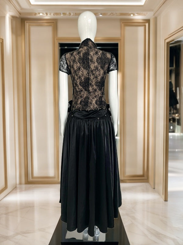 Sheer Lace Bodice High-Low Maxi Dress in Black mannequin view · nz-bg-v1