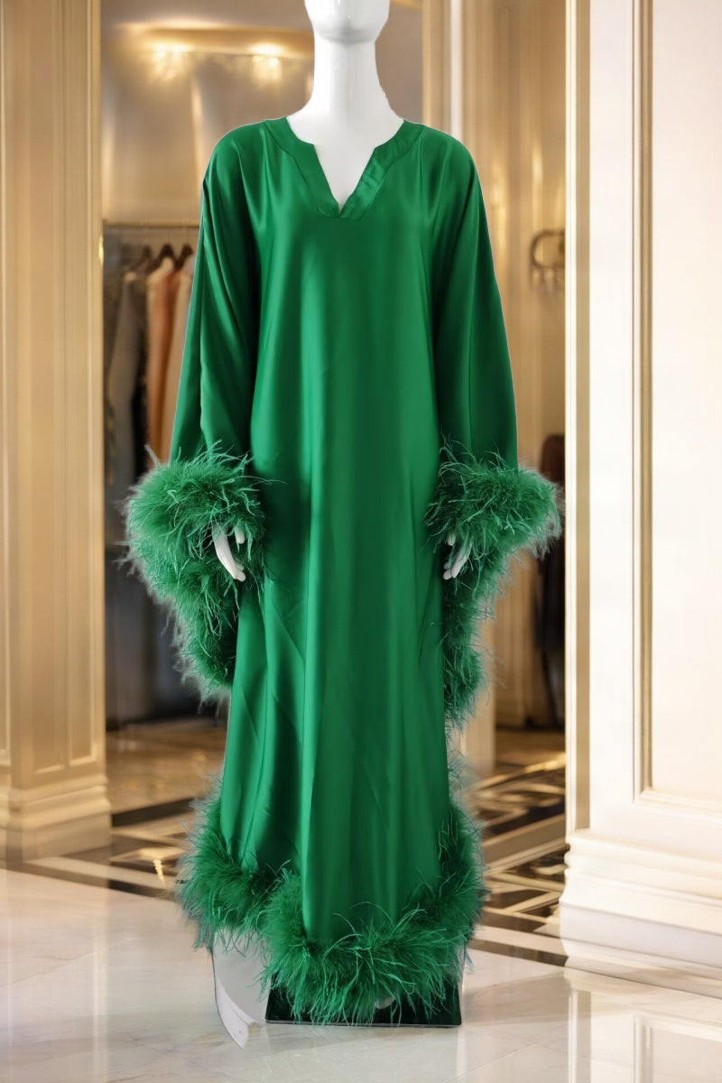 Feather-Trimmed Kaftan Maxi Dress in Emerald Green mannequin view · nz-bg-v1
