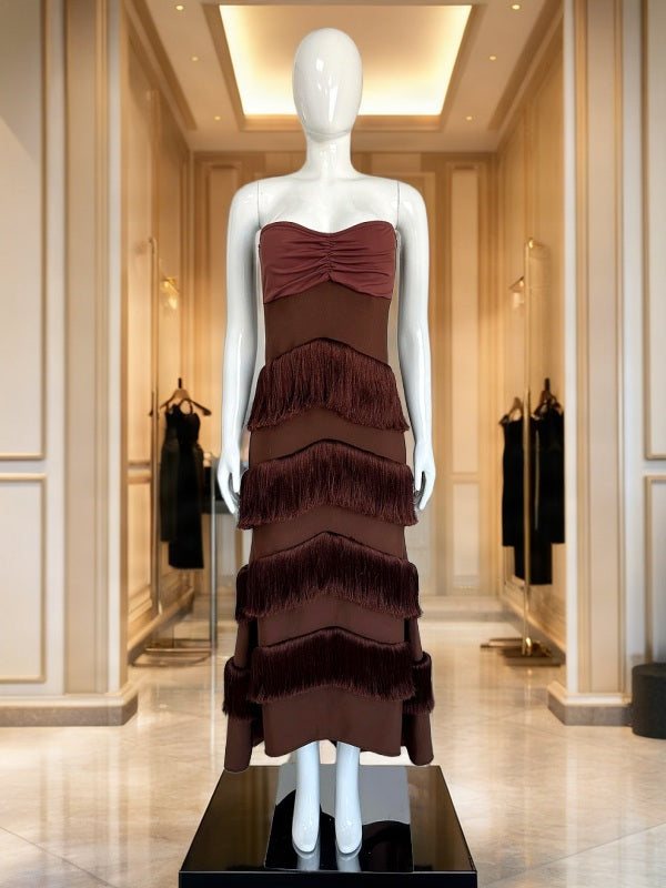 Strapless Fringe Tiered Midi Dress in Chocolate mannequin view · nz-bg-v1