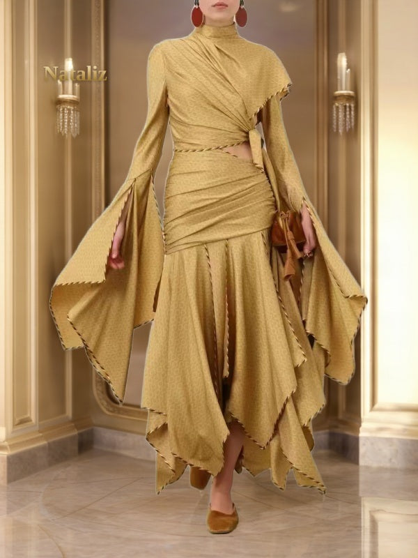 Golden Cutout Handkerchief Hem Maxi Dress model front view