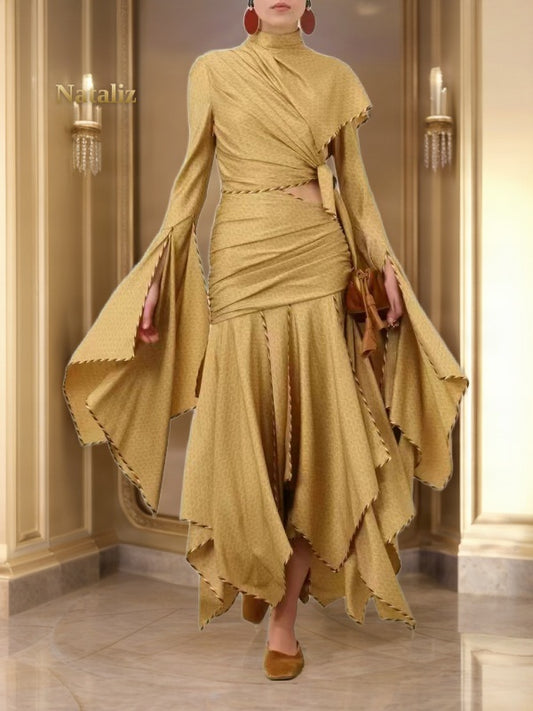 Golden Cutout Handkerchief Hem Maxi Dress model front view