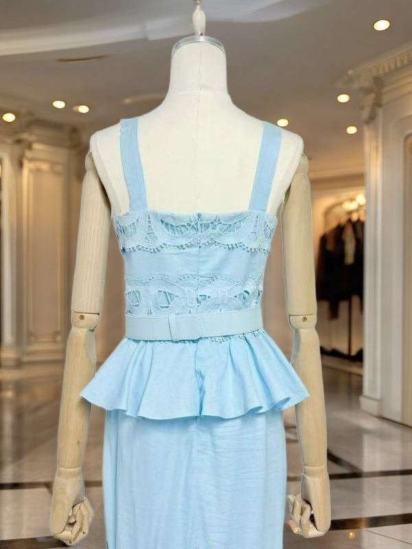 Belted Peplum Maxi Dress with Lace Cutwork Hem mannequin view · nz-bg-v1
