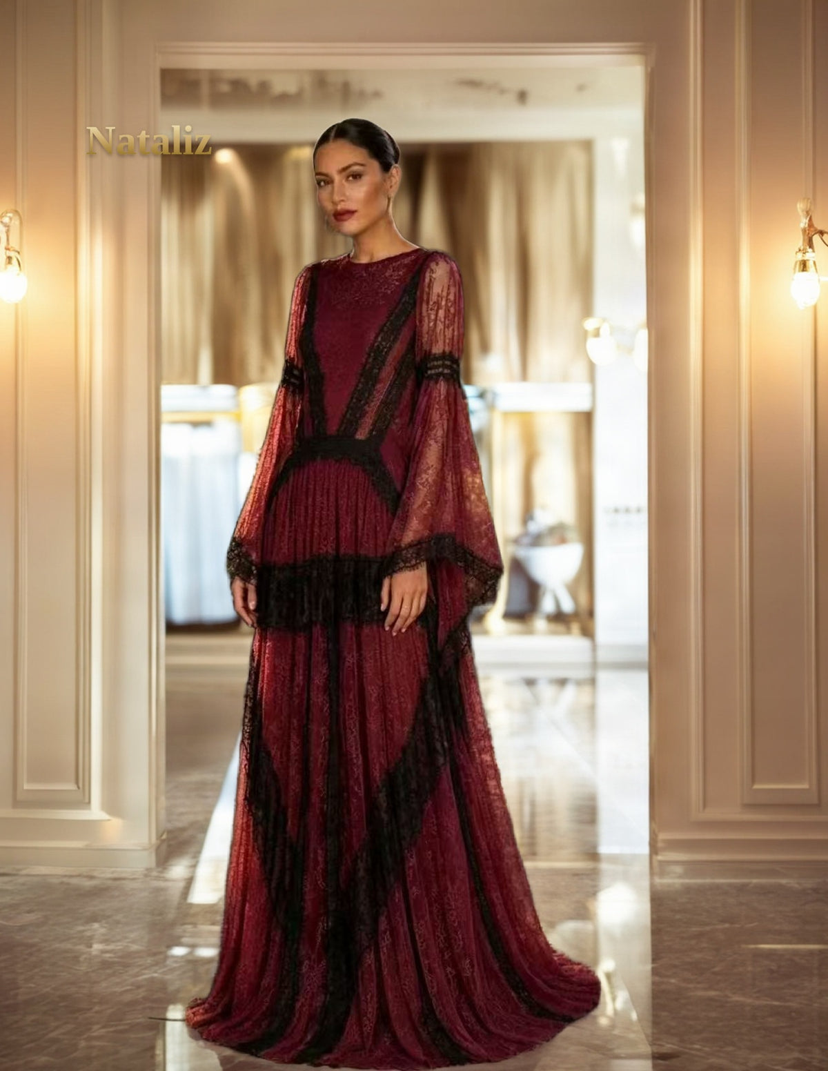 Contrast Lace Maxi Gown with Bell Sleeves model front view