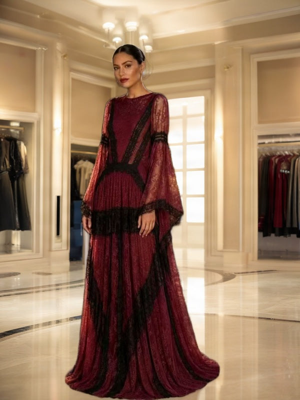 Contrast Lace Maxi Gown with Bell Sleeves model front view · nz-bg-v1