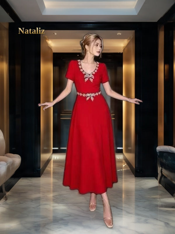 Crystal-Trimmed Short Sleeve Midi Dress model front view · nz-alt-v1