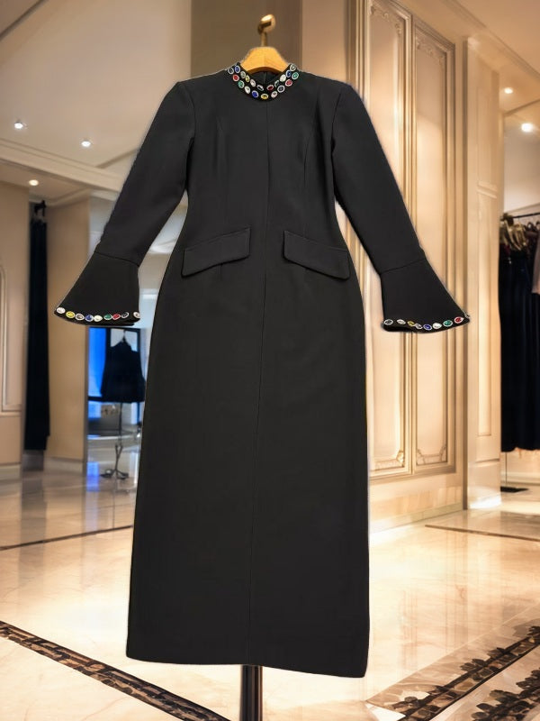 Jewel-Trim Bell Sleeve Midi Dress flat lay view · nz-bg-v1