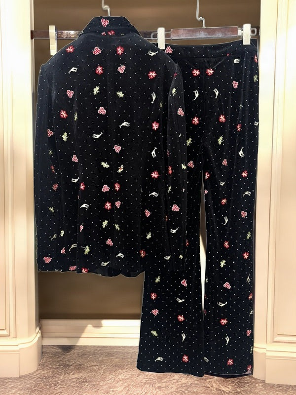 Embroidered Motif Velvet Blazer and Flared Trouser Set hanging view · nz-bg-v1