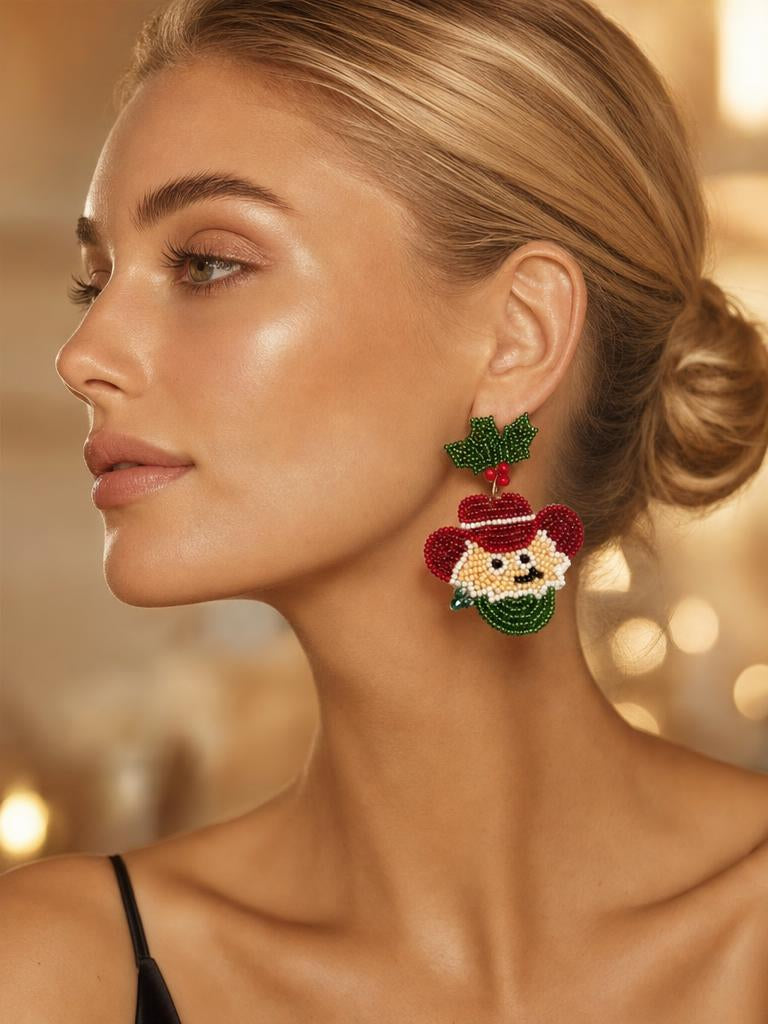 Beaded Santa Christmas Statement Earrings worn, side profile · nz-on-model-v1