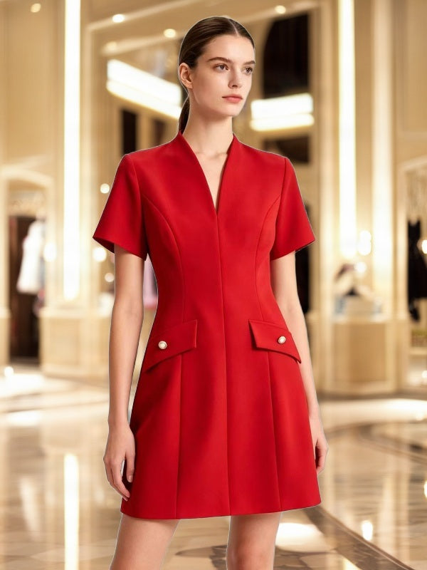 Tailored V-Neck Mini Dress with Pocket Flaps model front view · nz-bg-v1