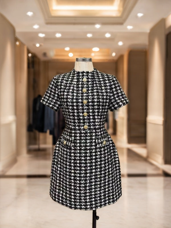 Pearl-Trim Checked Tweed Mini Dress in Black and White mannequin view · nz-bg-v1