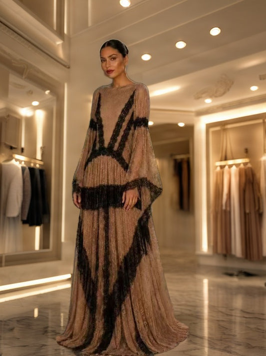 Contrast Panelled Maxi Gown with Bell Sleeves model front view · nz-bg-v1