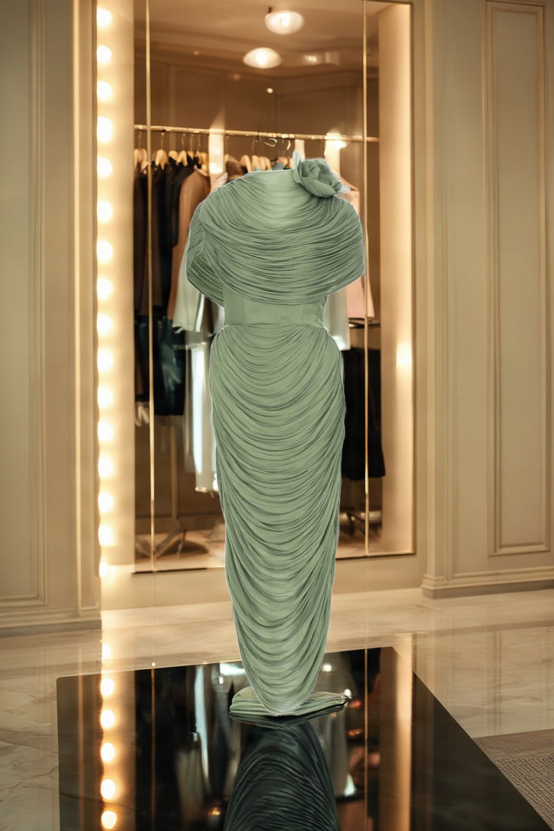 Draped Rosette Maxi Dress with Cowl Shoulder mannequin view · nz-bg-v1