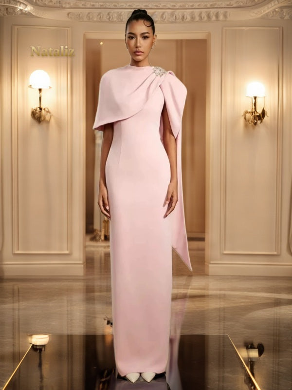 Blush Pink Embellished Cape Maxi Gown model front view