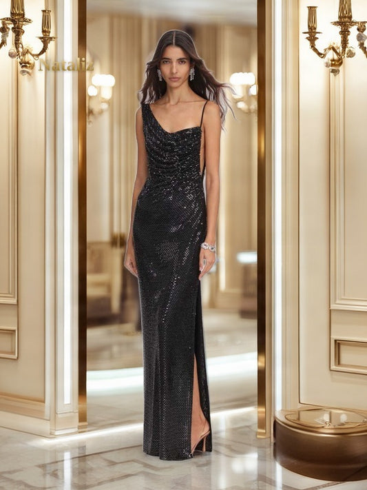 Asymmetric Sparkle Maxi Dress with Side Split model front view