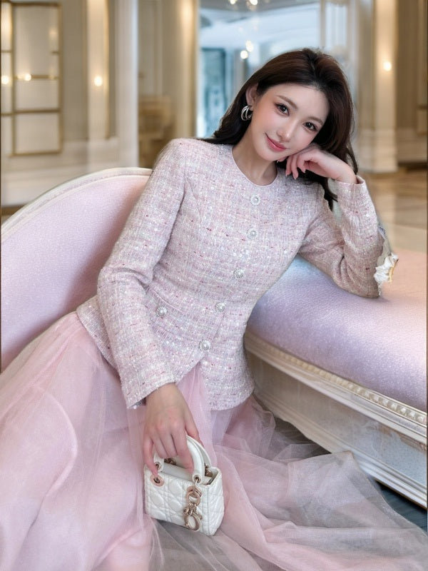 Pink Tweed Jacket and Tulle Midi Skirt Set model front view · nz-bg-v1