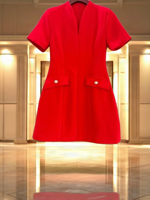 Tailored V-Neck Mini Dress with Pocket Flaps hanging view · nz-bg-v1