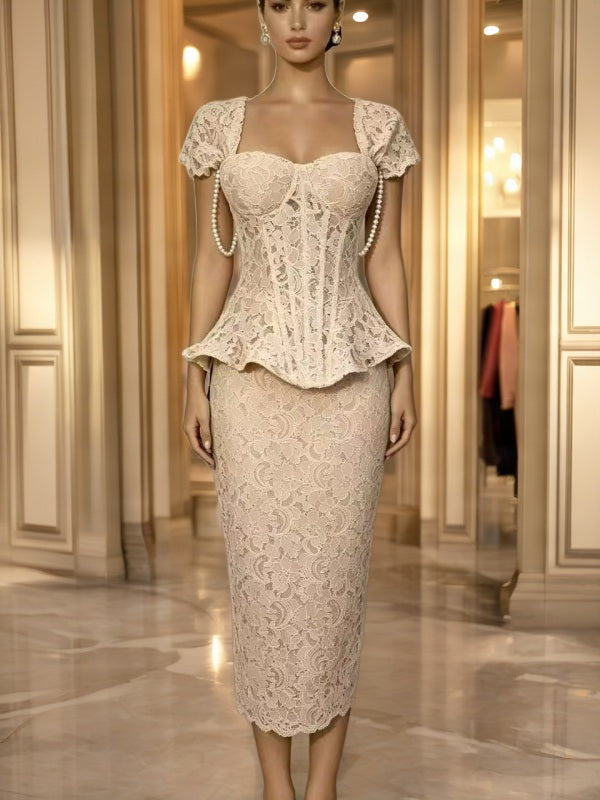 Lace Corset Peplum Top and Midi Skirt Two-Piece Set model front view · nz-bg-v1