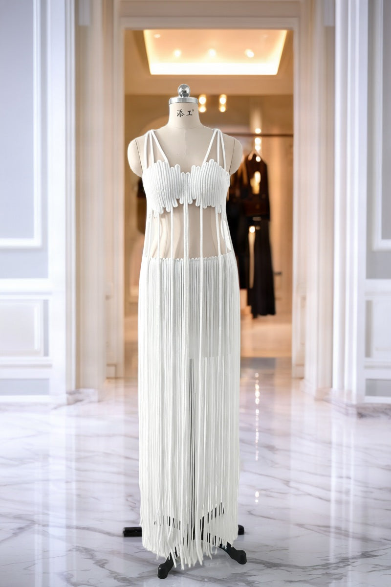 Fringe Maxi Dress in White mannequin view · nz-bg-v1