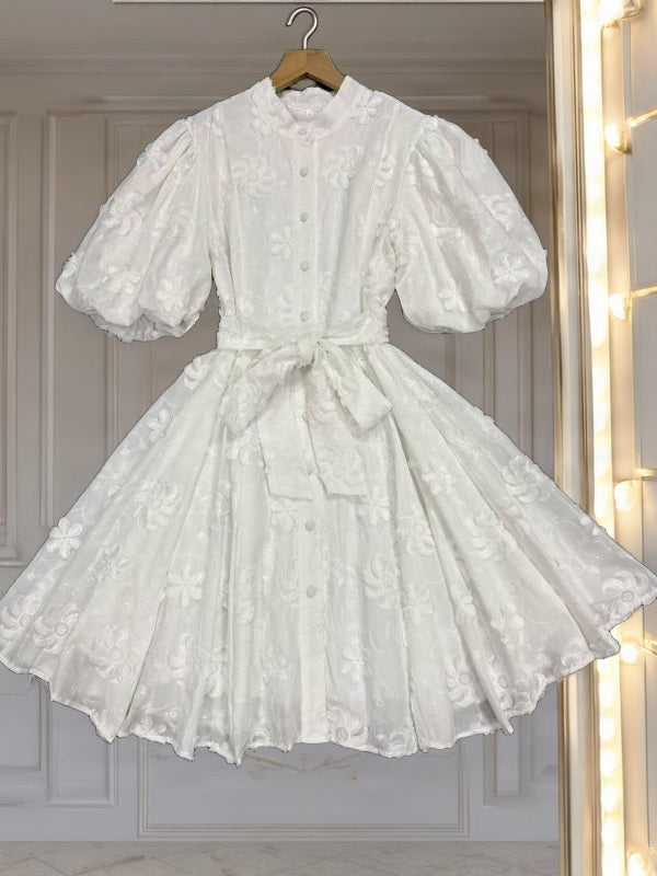 Floral Appliqué Puff Sleeve Mini Dress hanging view · nz-bg-v1