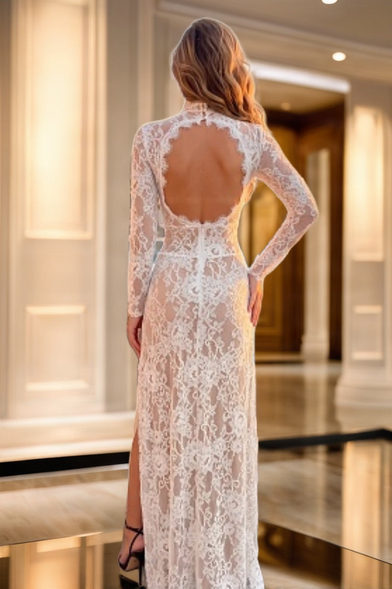 Lace High-Neck Cut-Out Maxi Dress with Thigh Slit model back view · nz-bg-v1