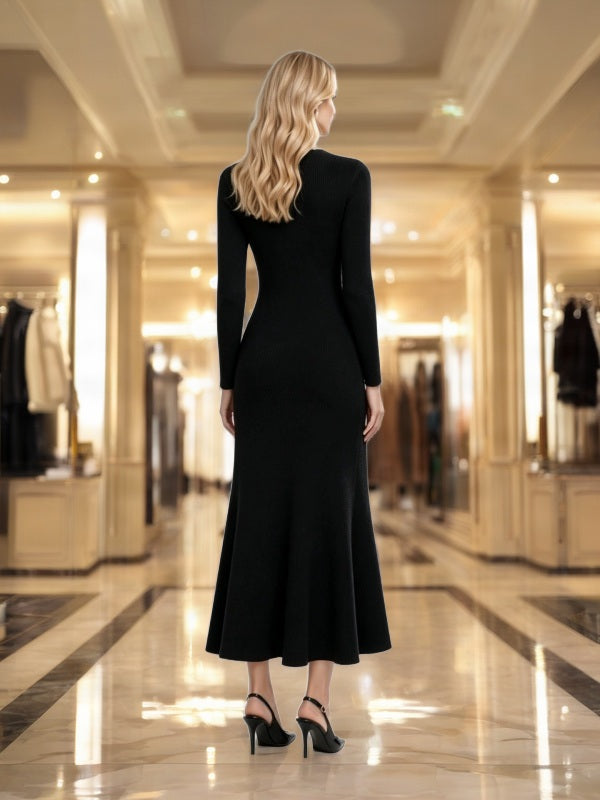 Contrast Trim Long Sleeve Knit Maxi Dress in Black model back view · nz-bg-v1