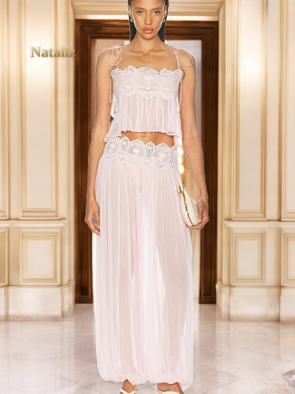 Blush Lace Tie-Strap Camisole and Wide Leg Trouser Set model front view