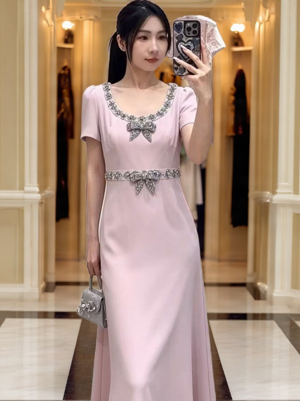 Crystal-Trimmed Short Sleeve Midi Dress model front view · nz-bg-v1