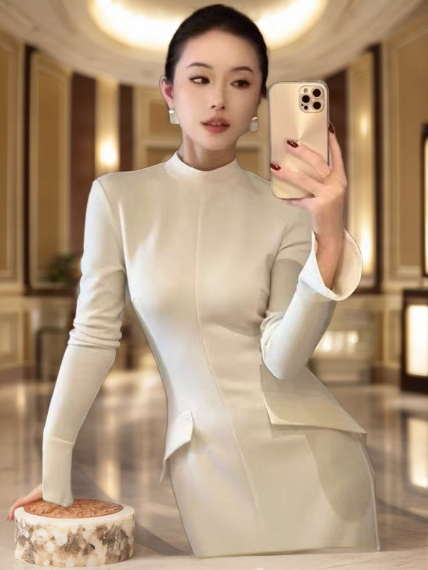 Mock Neck Long Sleeve Tailored Maxi Dress model front view · nz-bg-v1