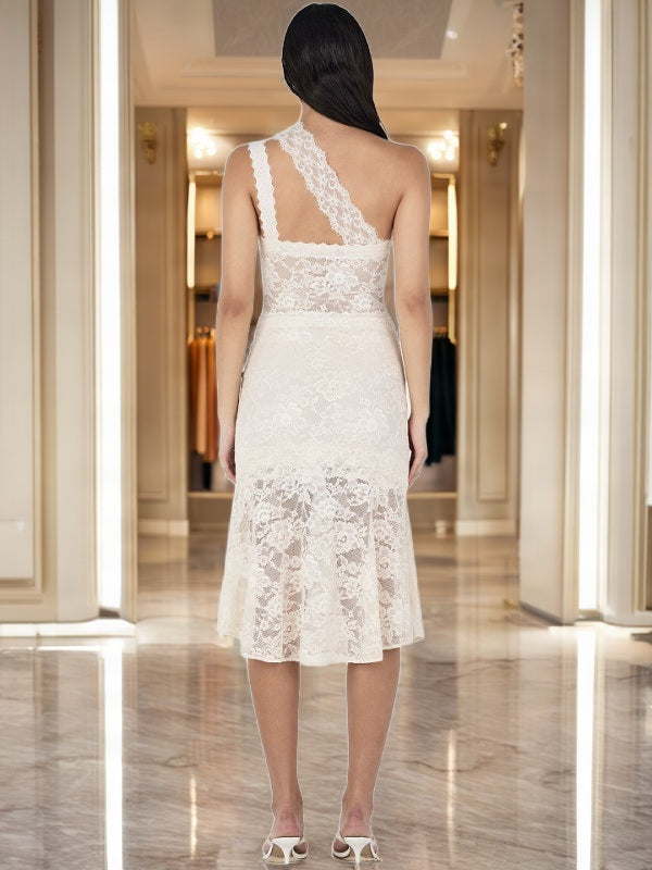 Asymmetric Floral Lace Midi Dress in Ivory model back view · nz-bg-v1