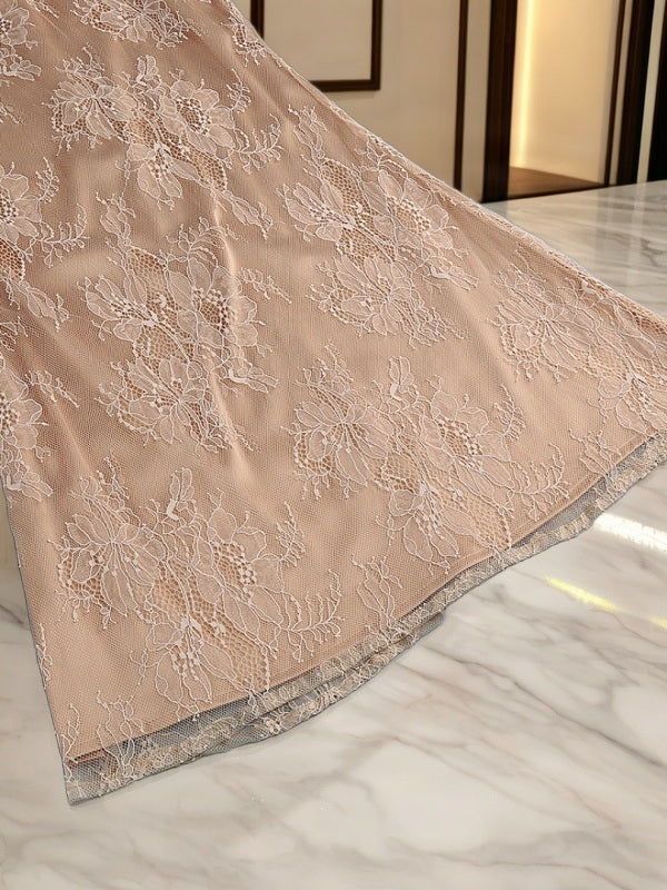 Blush Lace Corset Maxi Dress with Ruffle Peplum detail view · nz-bg-v1