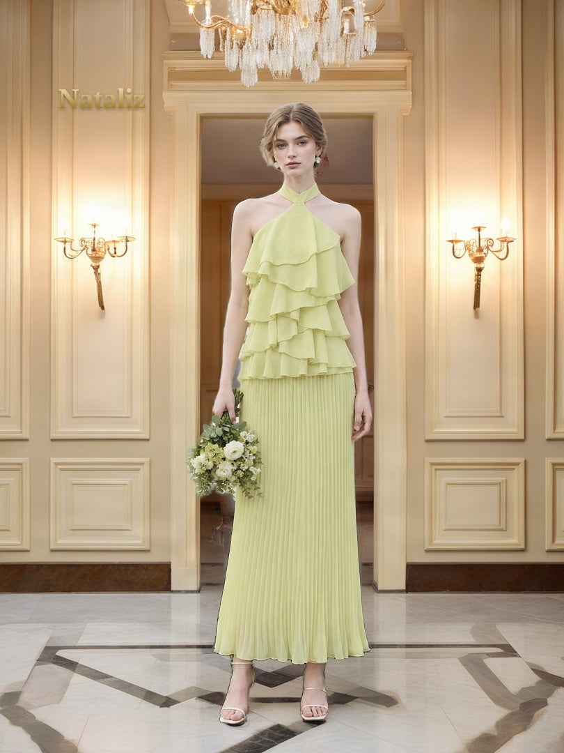 Tiered Ruffle Halter Neck Pleated Maxi Dress model front view