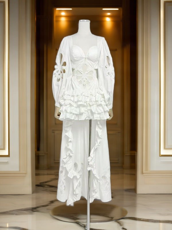 Floral Cutwork High-Low Maxi Dress with Puff Sleeves mannequin view · nz-bg-v1