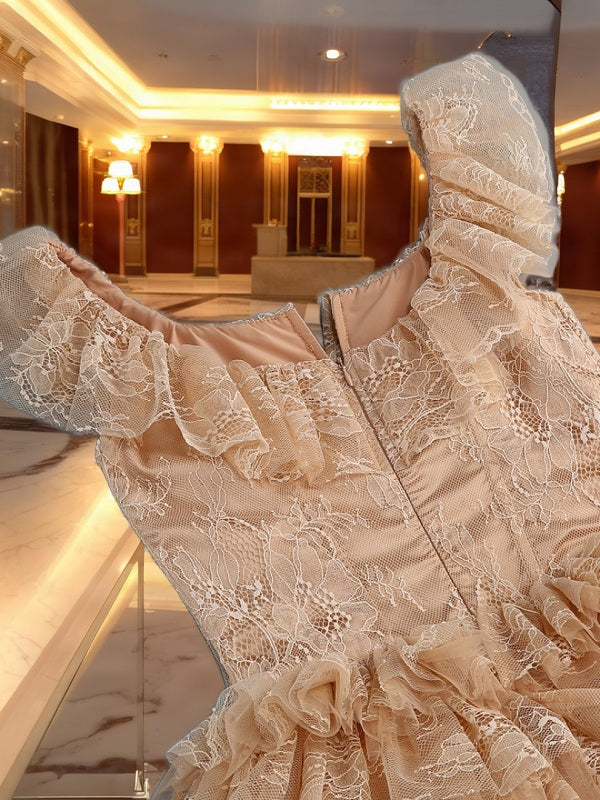 Blush Lace Corset Maxi Dress with Ruffle Peplum detail view · nz-bg-v1