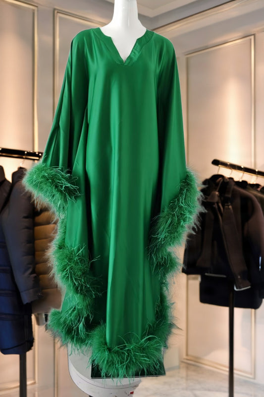 Feather-Trimmed Kaftan Maxi Dress in Emerald Green mannequin view · nz-bg-v1