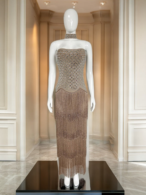 Embellished Strapless Tiered Fringe Maxi Dress mannequin view · nz-bg-v1