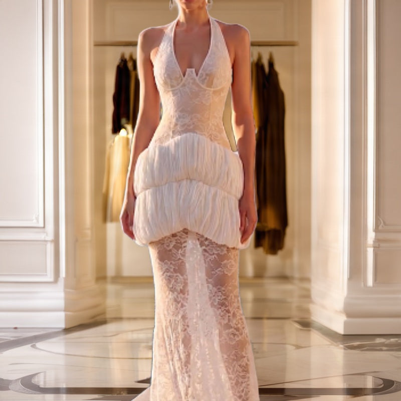 Halter Neck Lace Maxi Dress with Ruched Peplum model front view · nz-bg-v1