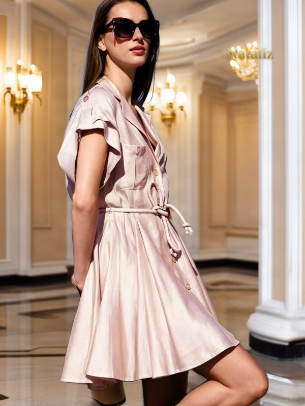 Notch Collar Rope Belt Button-Front Mini Dress side view