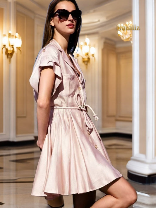 Notch Collar Rope Belt Button-Front Mini Dress side view