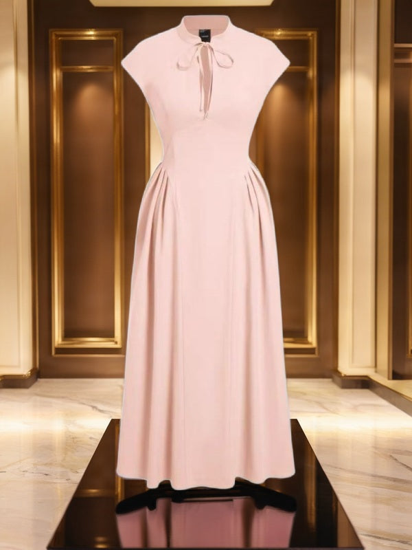 Bow Neck Cap Sleeve Midi Dress in Butter Yellow mannequin view · nz-bg-v1