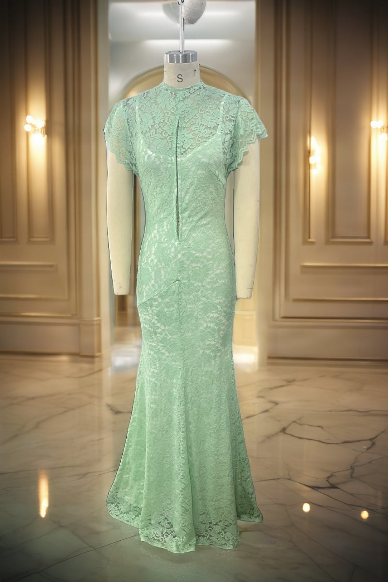 Floral Lace Flutter Sleeve Maxi Gown in Sage mannequin view · nz-bg-v1