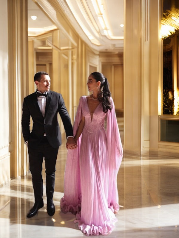 Pleated Cape-Sleeve Maxi Gown in Blush Pink model front view · nz-bg-v1