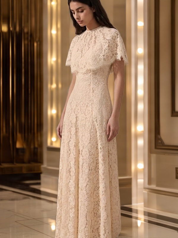 Floral Lace Cape-Sleeve Maxi Dress in Ivory model front view · nz-bg-v1