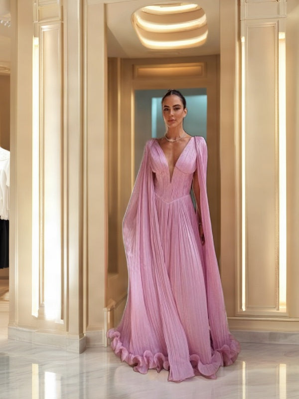 Pleated Cape-Sleeve Maxi Gown in Blush Pink model front view · nz-bg-v1