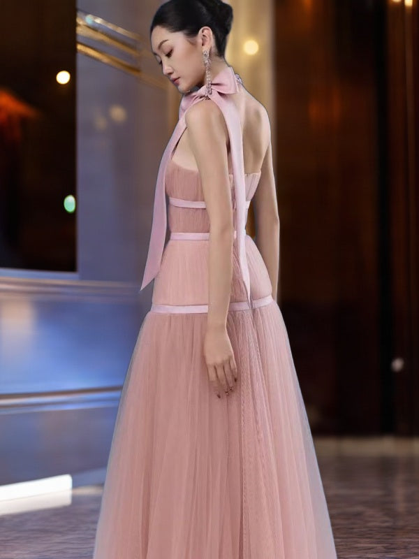 Blush Pink Halter Bow Tulle Maxi Gown side view · nz-bg-v1