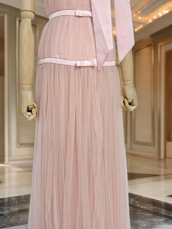Blush Pink Halter Bow Tulle Maxi Gown mannequin view · nz-bg-v1