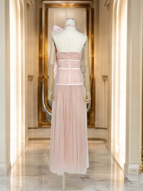Blush Pink Halter Bow Tulle Maxi Gown mannequin view · nz-bg-v1