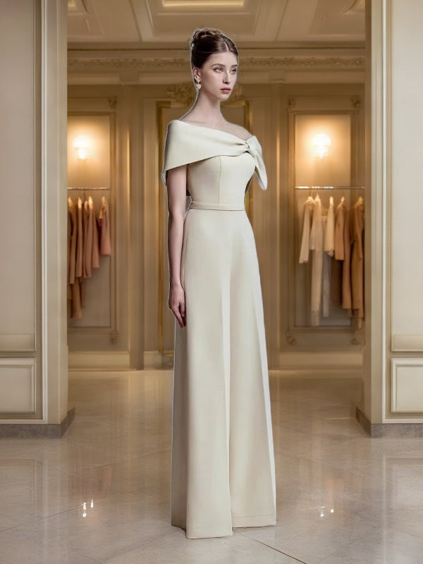 Off-Shoulder Bow Wide-Leg Jumpsuit in Champagne side view · nz-bg-v1