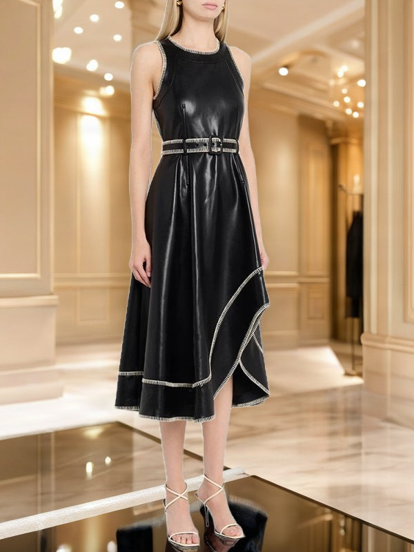 Contrast Whipstitch Belted Sleeveless Midi Dress model front view · nz-bg-v1